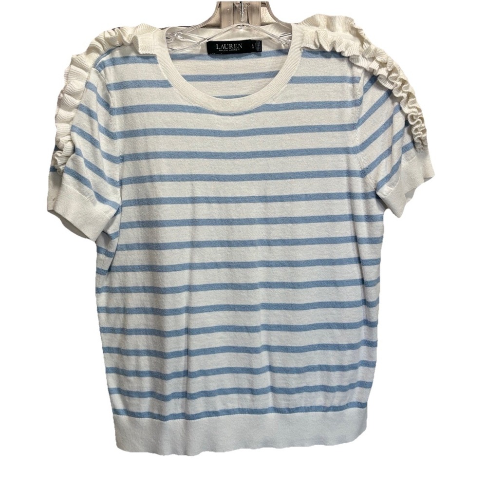 Lauren Ralph Lauren Knit Sweater‎ Short Sleeve Size L Blue/White Striped Ruffles